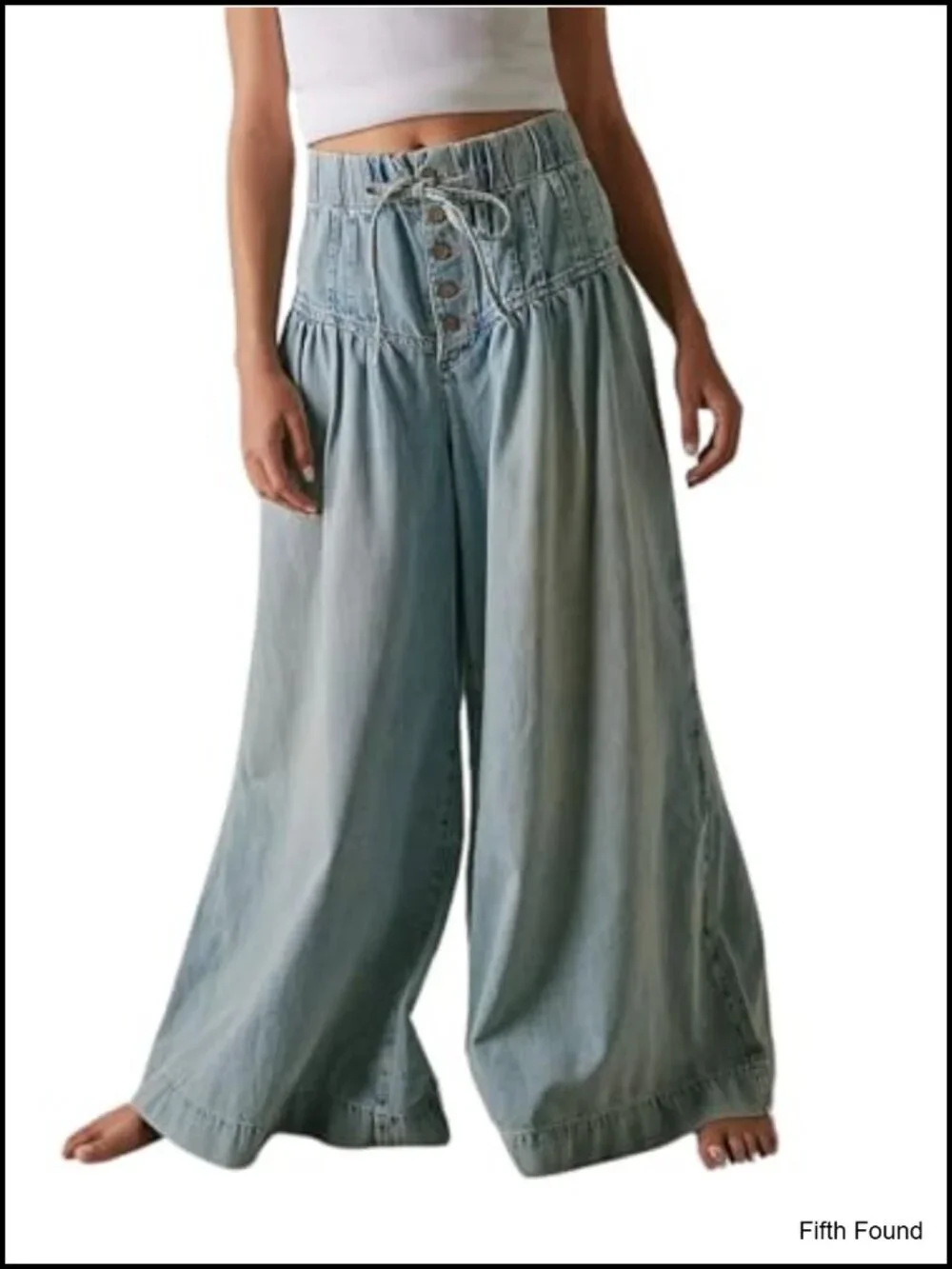 Baggy Wide Leg Denim Pants Drawstring Midi Waisted Flare Jeans Ruffle Pleated